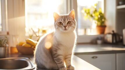 A serene cat sitting on a kitchen counter with sunlight streaming through the window, surrounded by plants