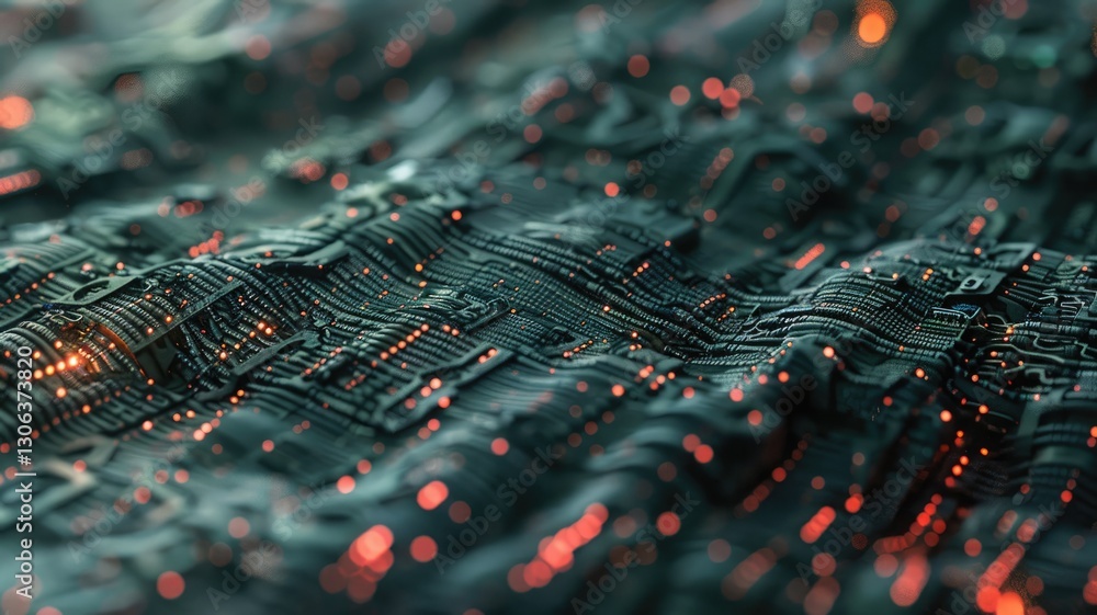 Poster explore this abstract texture featuring a circuit board design with glowing particles, ideal for pro