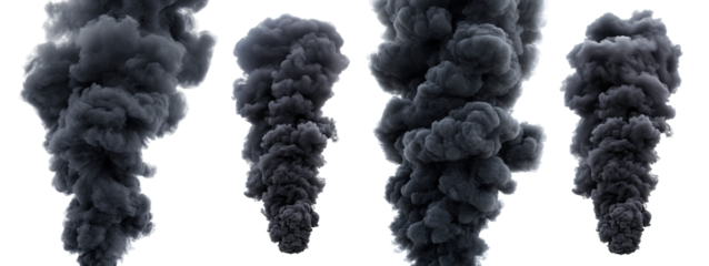 Set of thick black smoke columns rising upward, isolated on transparent cutout background
