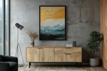 Art and sideboard in a modern living room with a mockup frame.