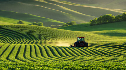 Farmer driving a tractor through a field of vibrant green crops with a backdrop of rolling hills