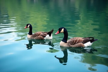 Fototapeta premium Group of geese peacefully floats on tranquil blue lake, photo, landscape