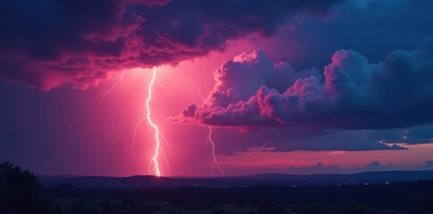 Jagged lightning bolt splits ominous dusk clouds, twilight, power