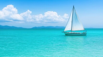 Naklejka premium Tranquil Sailing Boat in Clear Turquoise Water Under Blue Sky