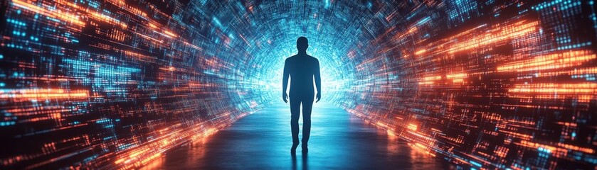 Immerse a human silhouette in a digital void, escaping data streams Psychedelic abstraction, high contrast