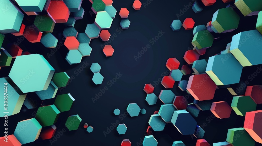Poster geometric hexagon shapes in green and red on a dark background. 3d abstract design with depth and pe