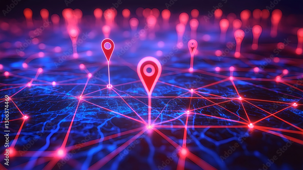 Poster exploring digital connectivity through location pins virtual environment data visualization abstract