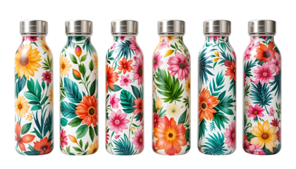 Colorful tropical floral pattern water bottles with metal lids
