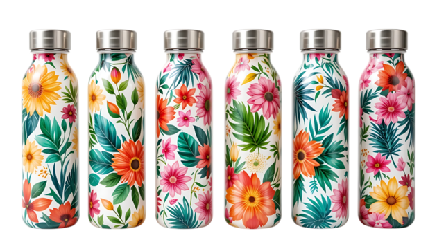 Colorful tropical floral pattern water bottles with metal lids