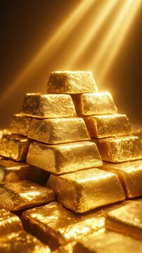Shimmering gold bars stack in a shape of a pyramid