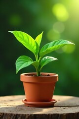 Vibrant green leaves, terracotta pot, wooden table , plant, wood
