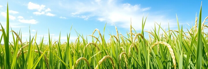 A tranquil Japanese rice field ready for harvest under a clear blue summer sky with ripe rice ears, scenery, Japan