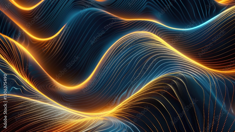 Poster abstract blue and gold flowing waves with glittering particles on a dark background. background imag