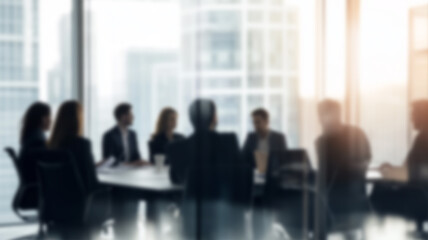 Group of businesspeople negotiating gathered in modern conference room, blurred silhouettes view, meeting behind closed glass doors. AI Generated Images