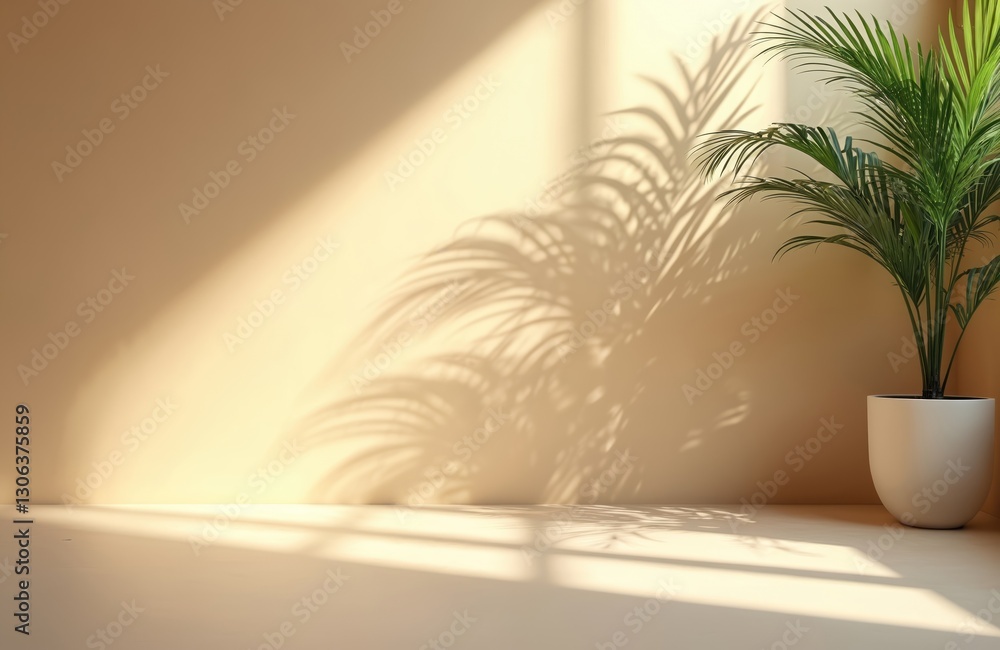 Aufkleber minimal beige background with leaf shadows. warm light in empty room interior. mockup template, idea