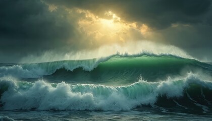 Violent storm over ocean with turbulent waves. Dramatic lighting from above. Sea storm artwork. Chaos, power of nature. Surreal moody dark dangerous seascape with water foam spray, mist. Roaring