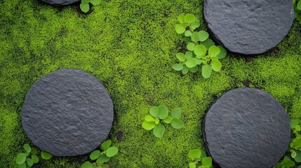 Circular stone path on lush green moss with small plant, creating a serene garden atmosphere
