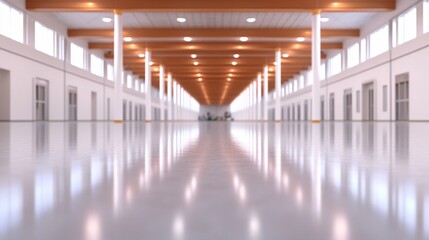 Modern building interior, long corridor, bright lighting, clean floor, for architectural design