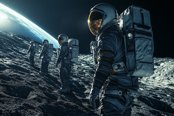 Group of astronauts standing at a crater on the moon with blue planet earth rising in the background
