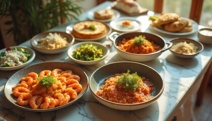 Fototapeta premium Culinary delight showcasing vibrant shrimp dishes and a variety of side dishes at a sunlit dining table