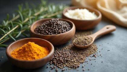 Vibrant kit dev featuring an array of spices arranged in wooden bowls with fresh herbs