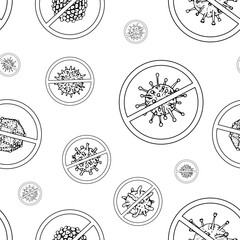 Seamless vector pattern of hand drawn antiviral symbols, including virus cells and protection icons in black and white. Ideal for disinfection sterilization and disease prevention designs