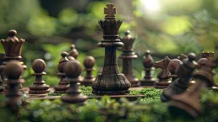Resilient King Fashioned from Ancient Tree Bark Stands Amidst Wooden Pawns on Verdant Forest Floor Representing Organic Growth and Perseverance in