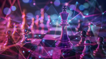 Regal Chess King Presiding Over Holographic Pawns on Geometric Digital Backdrop Signifying Strategic Leadership and Virtual Authority