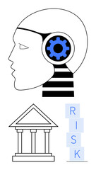 Profile of AI head with gear, classical building symbolizing finance, stacked blocks spelling RISK. Ideal for AI, finance, decision-making, strategy, risk assessment, innovation abstract line flat