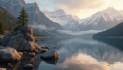 Cinematic capture of a tranquil alpine lake surrounded by majestic mountains at sunrise