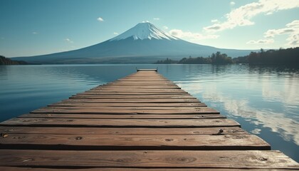 Cinematic view of a peaceful lake with a wooden dock leading to Mount Fuji at sunrise