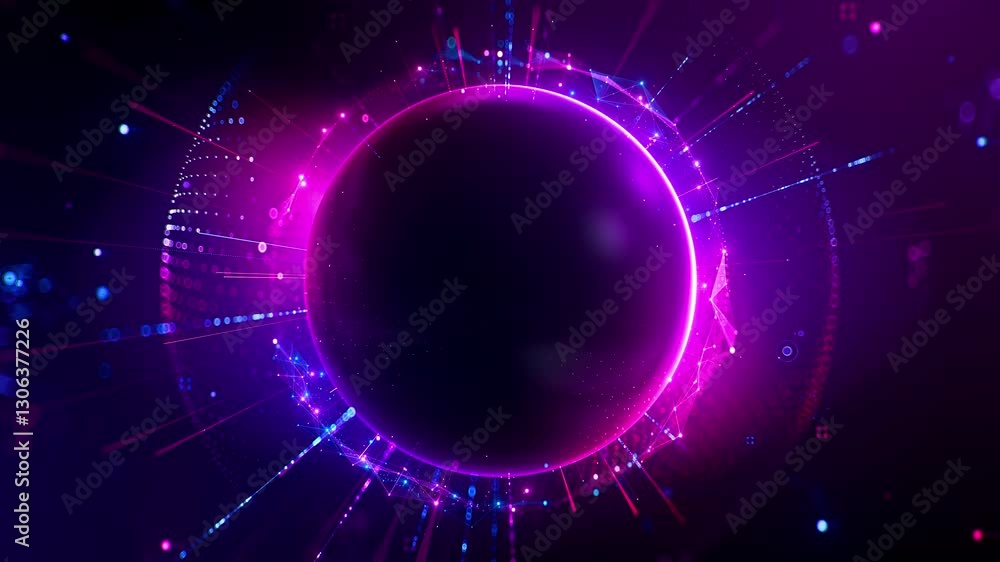 Poster abstract glowing sphere with digital network elements in neon pink and blue on a dark background. co