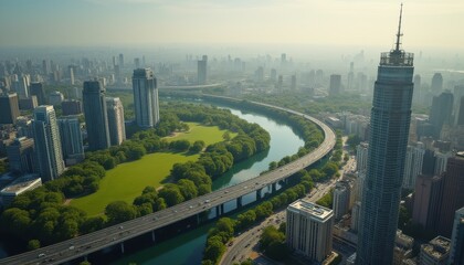 Naklejka premium Cinematic view of a sprawling urban landscape with a river and modern skyscrapers during early morning light
