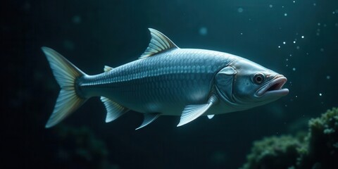 Fototapeta premium A Single Aquatic Creature Gracefully Navigates the Deep, Dark Waters, Its Scales Gleaming Underneath a Mysterious Underwater Light