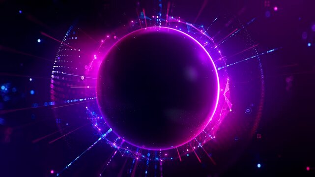 Abstract glowing sphere with digital network elements in neon pink and blue on a dark background. Concept of futuristic and cyber technology. 3d anmation