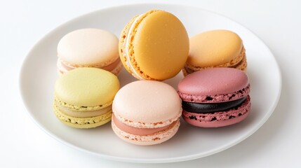 Fototapeta premium A selection of colorful macarons arranged on a white plate,