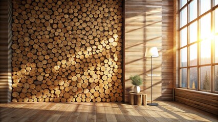 Warm Wooden Room with Sunlight Streaming Through Large Window and Log Wall Feature