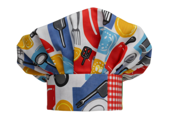 Colorful Chef Hat with Kitchen Utensils and Food Patterns Featuring Forks, Spoons, and Cooking Tools for Culinary Professionals