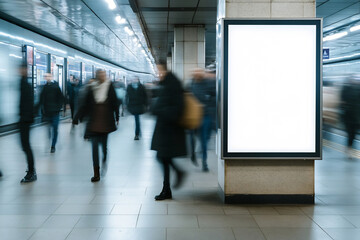 Blank vertical poster mockup with a glowing frame on a subway wall. Motion-blurred commuters and a moving train enhance the urban energy. Ideal for branding, advertising, and promotions
