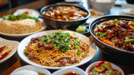 A vibrant table is adorned with an array of traditional dishes, featuring colorful ingredients and rich flavors