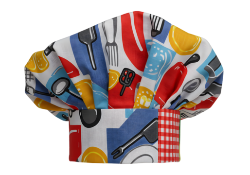 Colorful Chef Hat with Kitchen Utensils and Food Patterns Featuring Forks, Spoons, and Cooking Tools for Culinary Professionals