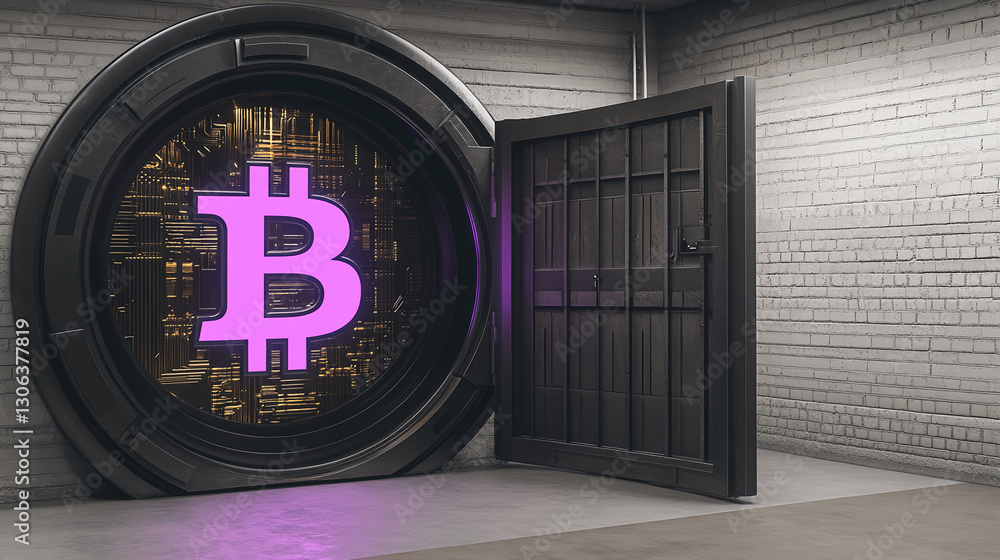 Poster unlocking bitcoin potential virtual vault in modern industrial setting digital currency tech environ