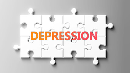 Depression complex like a puzzle - pictured as word depression on a puzzle pieces to show that depression is complex and needs cooperating pieces that fit together. ,3d illustration