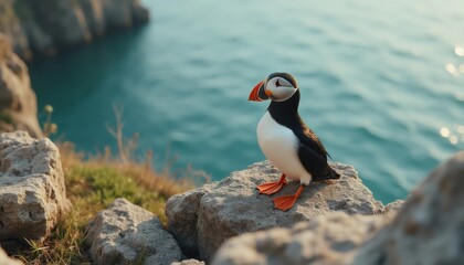 Charming puffin perched on a rocky cliff overlooking the serene ocean during golden hour light