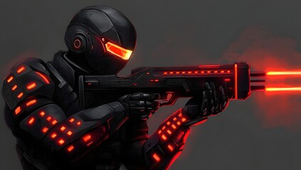 Futuristic soldier firing laser rifle in dark grey setting