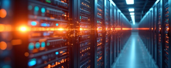 AI generated server room containing computer infrastructure. Digital transformation in data center, hi-tech facility. Futuristic perspective on impact of innovation, information tech systems, visual