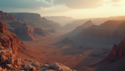 Fototapeta premium Vast canyon landscape bathed in golden light during sunset reveals nature's breathtaking beauty and expansive horizons