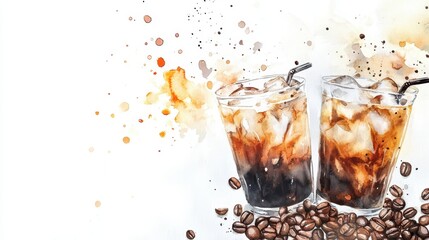 Watercolor Iced latte in Plastic cup,caramel,milk coffee,Hand painted watercolor set with coffee drinks for cafe menu,Stunning Coffee Watercolor Paintings with Clipart Elements,copy space.