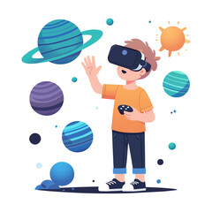 Boy exploring virtual universe via VR, Virtual reality education for kids