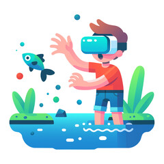 Boy exploring virtual universe via VR, Virtual reality education for kids